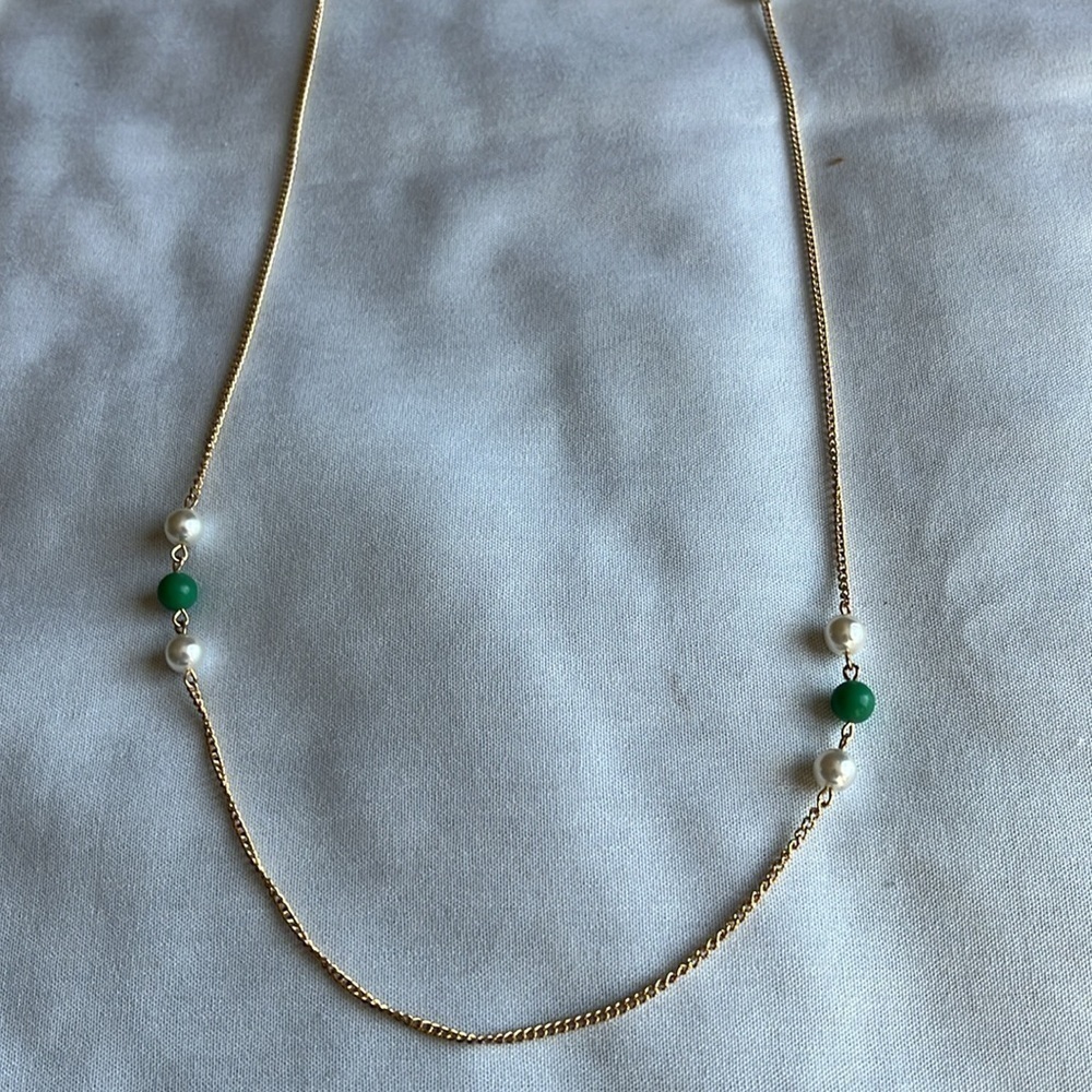Gold Tone Necklace with green white beads.